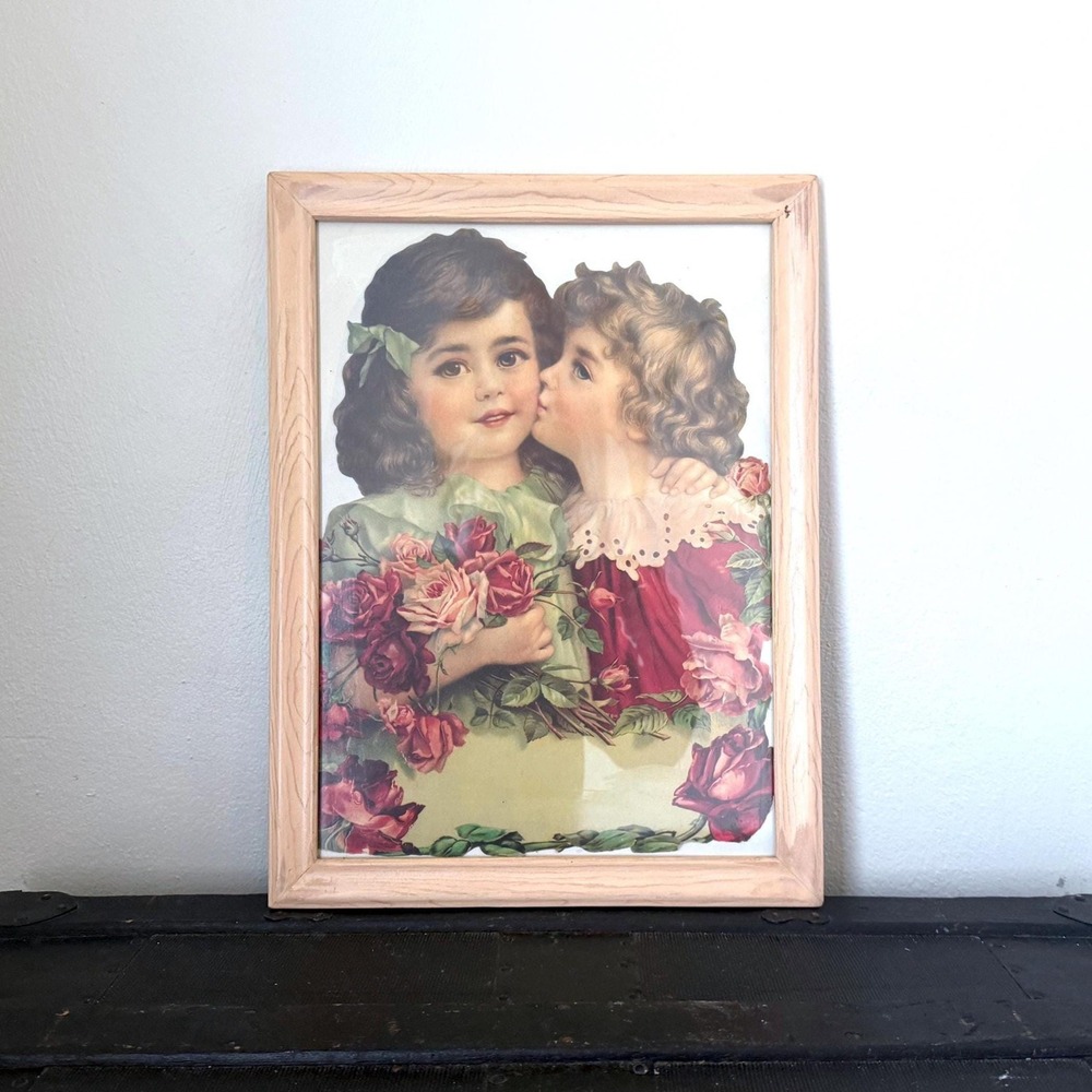 Antique Die-Cut‎ Lithograph Reproduction Two Girls with Flowers Children Framed